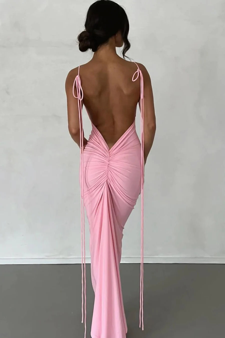 Weitese Dress Stylish Sheath Spaghetti Straps Pink Tea Length Party Dress with Backless Prom Dress